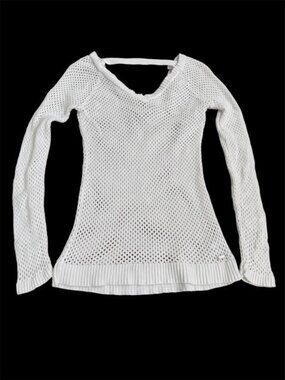 GUESS Sweater White Open Stitch Crochet Knit M Medium Boho Beach Long Sleeve